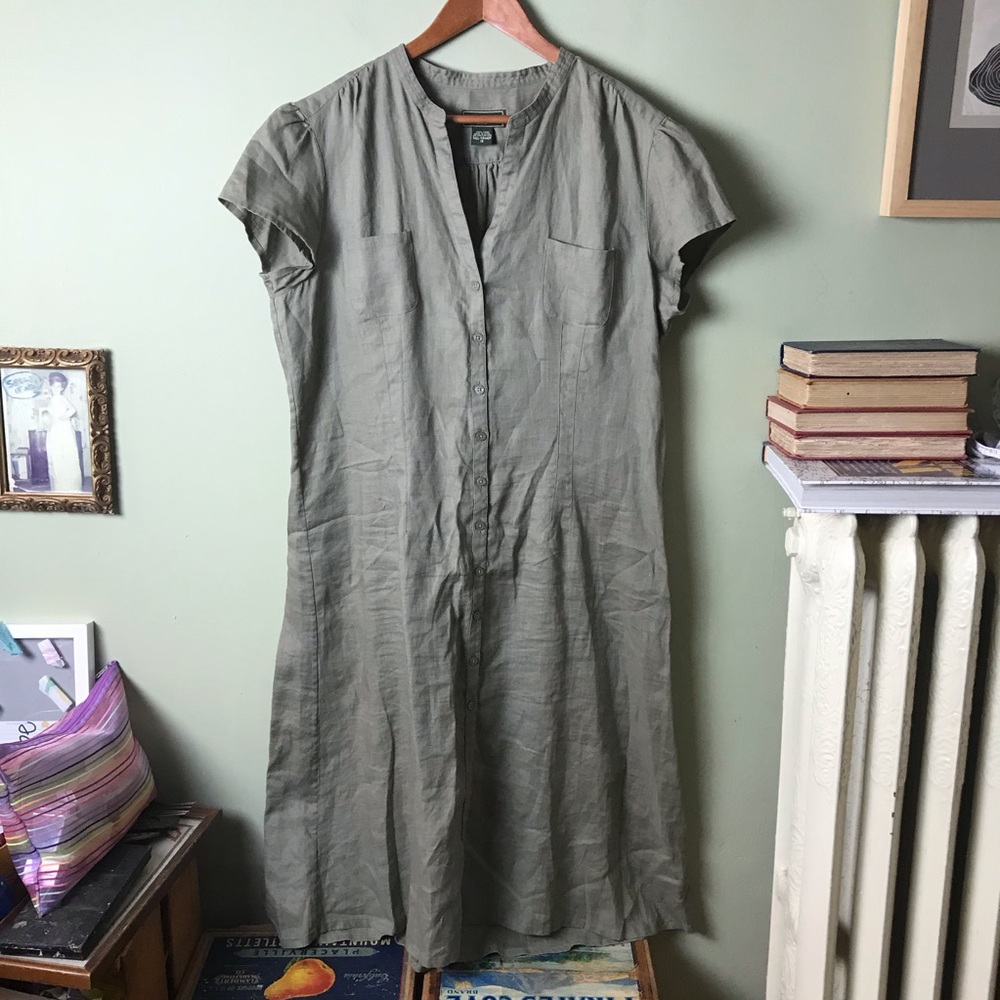 Eddie Bauer 18 Tall linen dress buttons green gray